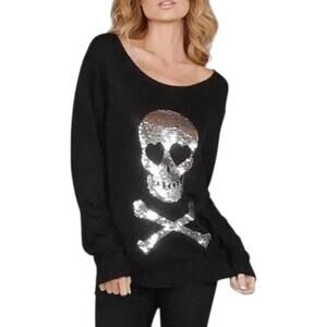 Wildfox White Label Angora Sweater Sequin Love Skull Pullover